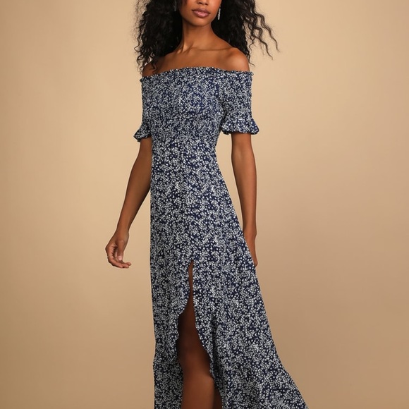 Lulus Navy Blue Floral Print Off-the-Shoulder Midi Dress - Picture 3 of 5